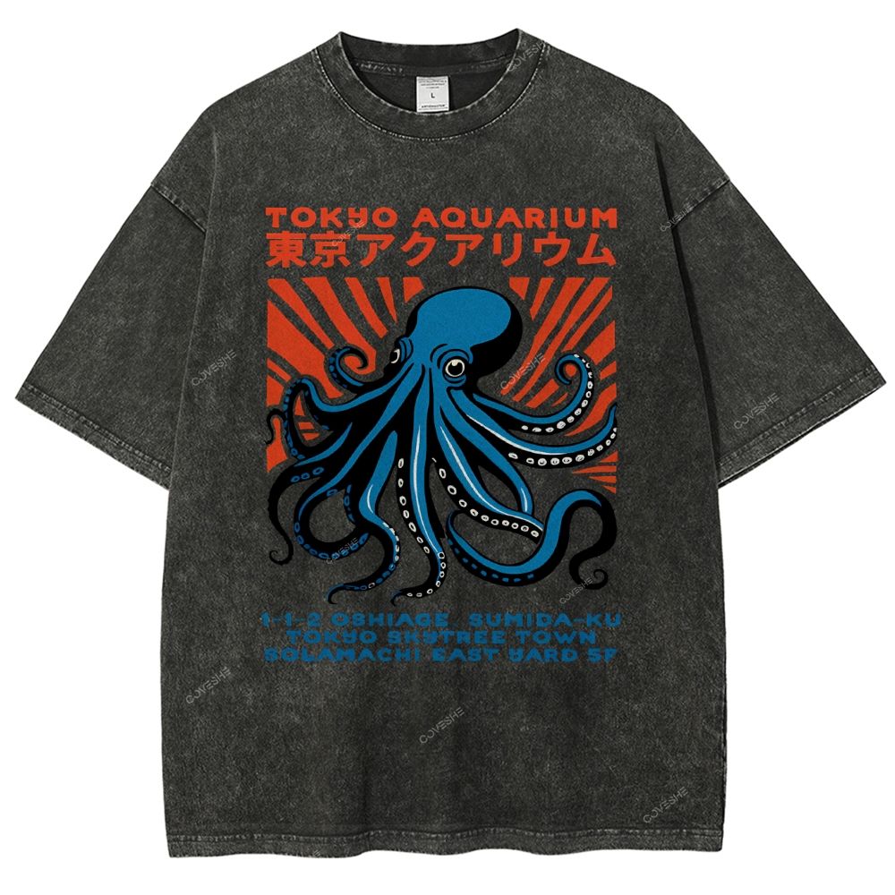 Unisex Tokyo Aquarium Printed Washed Tee