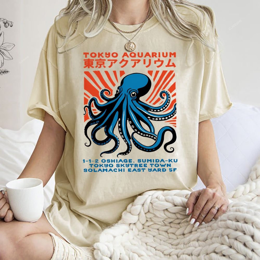 Unisex Tokyo Aquarium Printed Washed Tee