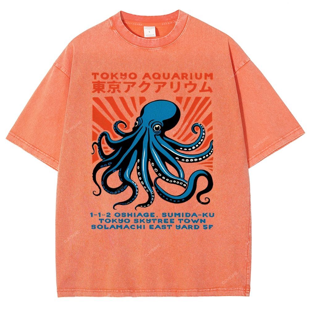Unisex Tokyo Aquarium Printed Washed Tee