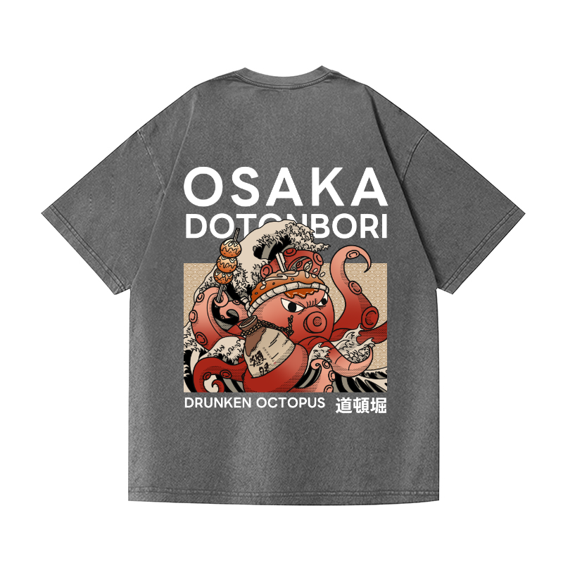 Osaka Dotonbori Drunken Octopus Vintage Wash Japanese Design Back Art T-Shirt