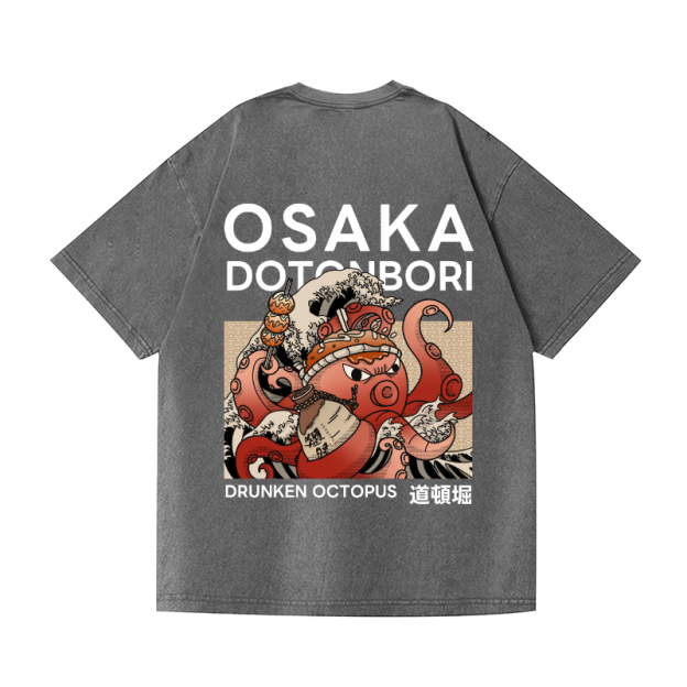 Osaka Dotonbori Drunken Octopus Vintage Wash Japanese Design Back Art T-Shirt