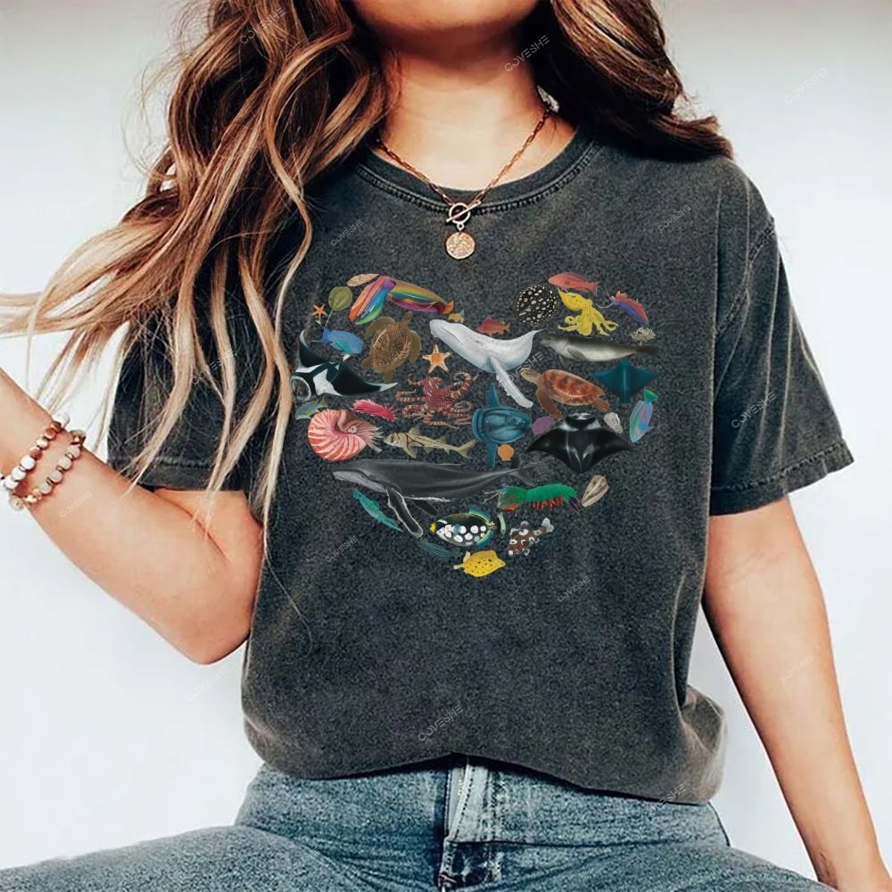 Unisex Marine Life Printed Washed Tee