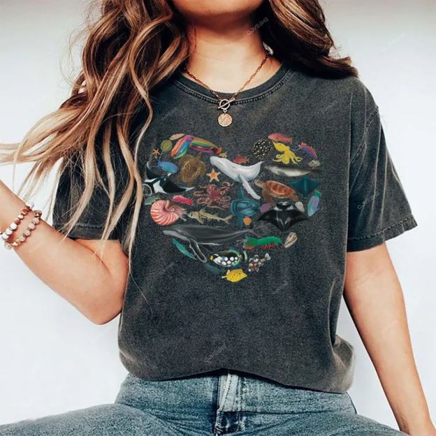 Unisex Marine Life Printed Washed Tee