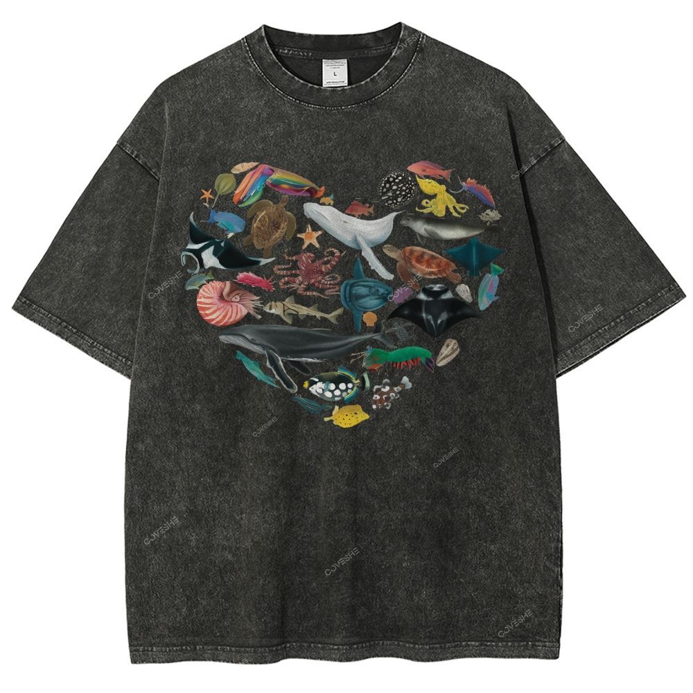 Unisex Marine Life Printed Washed Tee