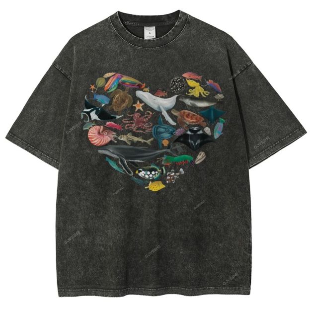 Unisex Marine Life Printed Washed Tee
