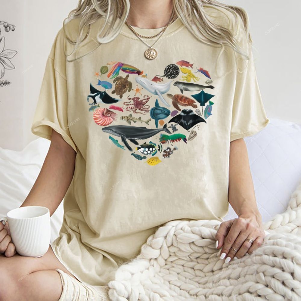 Unisex Marine Life Printed Washed Tee