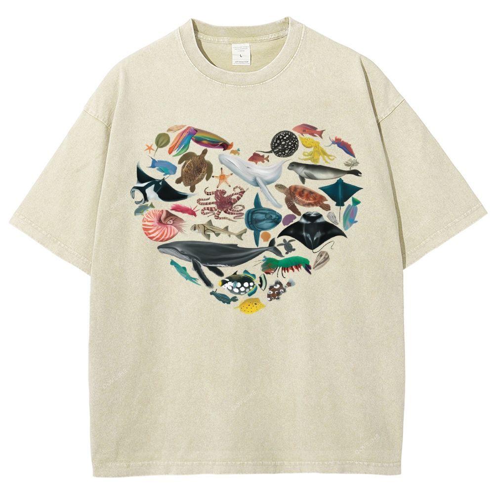 Unisex Marine Life Printed Washed Tee