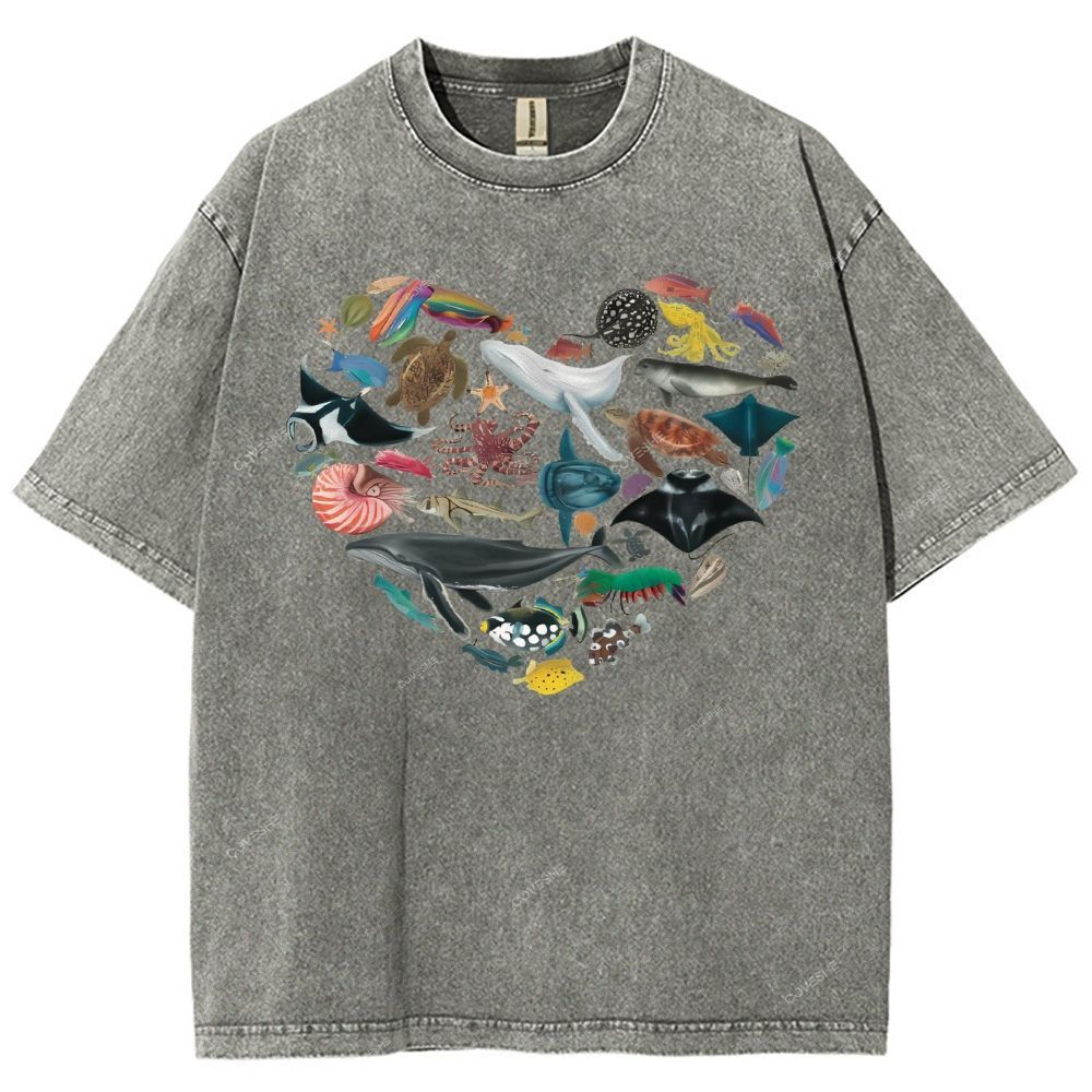 Unisex Marine Life Printed Washed Tee