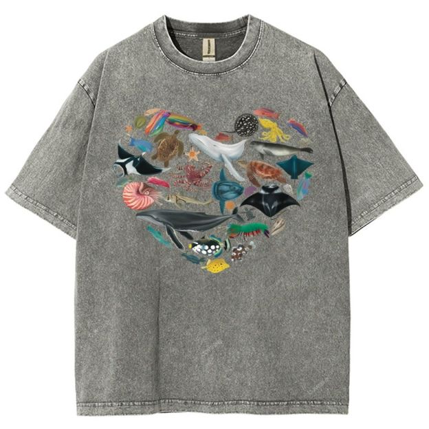 Unisex Marine Life Printed Washed Tee