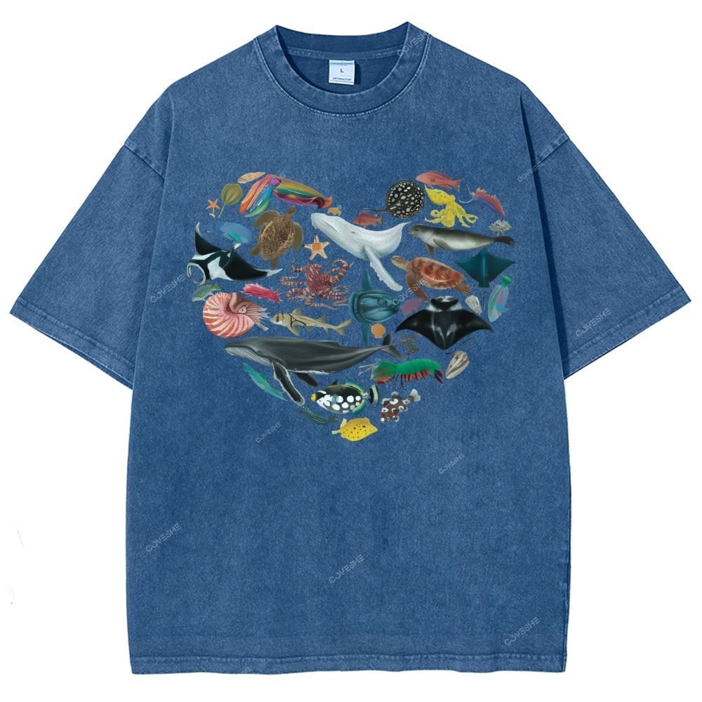 Unisex Marine Life Printed Washed Tee
