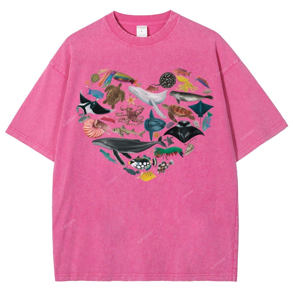 Unisex Marine Life Printed Washed Tee
