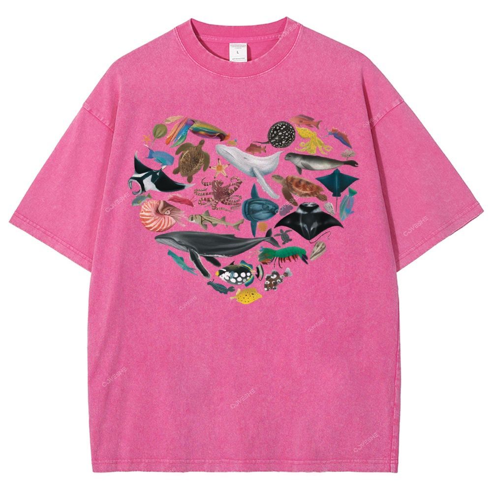 Unisex Marine Life Printed Washed Tee