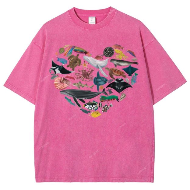Unisex Marine Life Printed Washed Tee