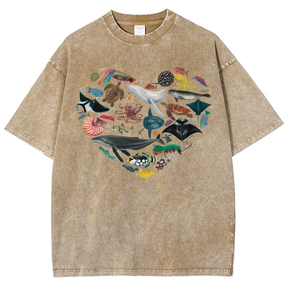 Unisex Marine Life Printed Washed Tee
