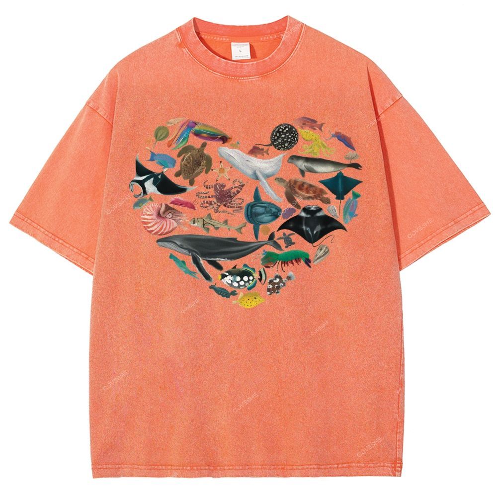 Unisex Marine Life Printed Washed Tee