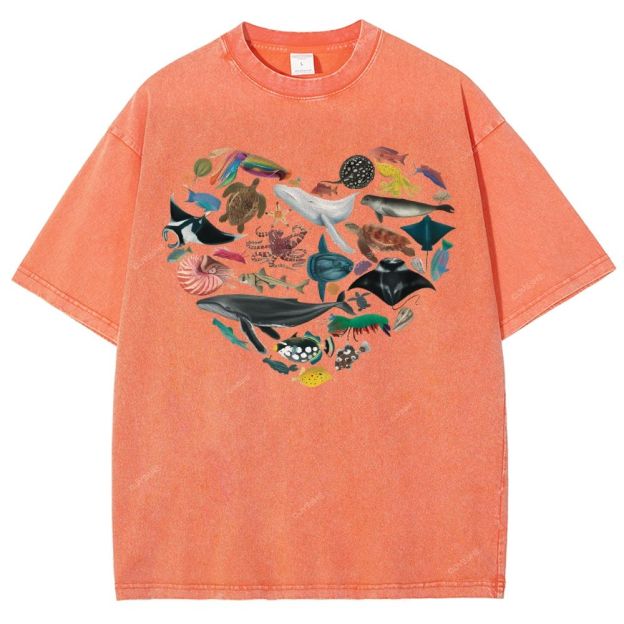 Unisex Marine Life Printed Washed Tee