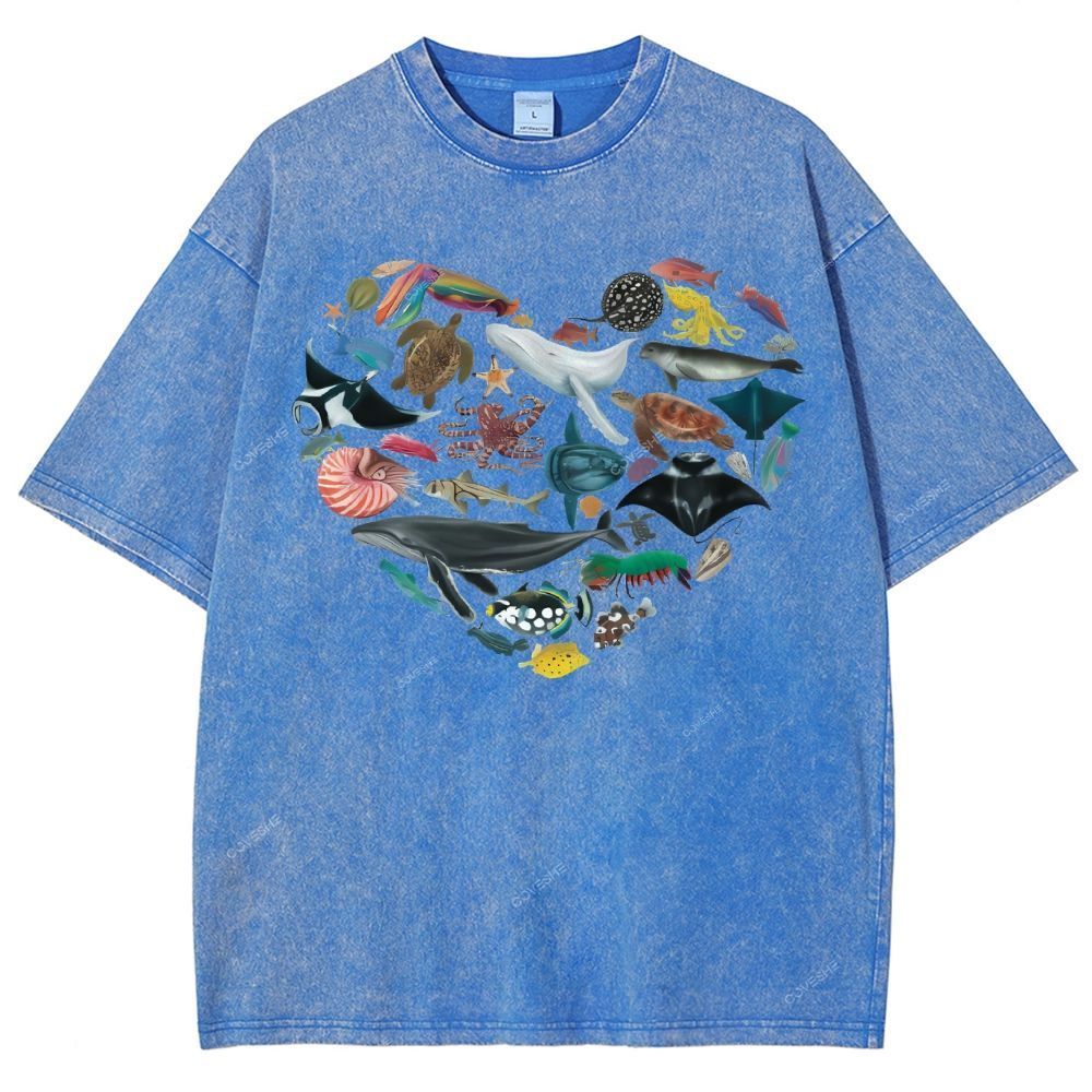 Unisex Marine Life Printed Washed Tee