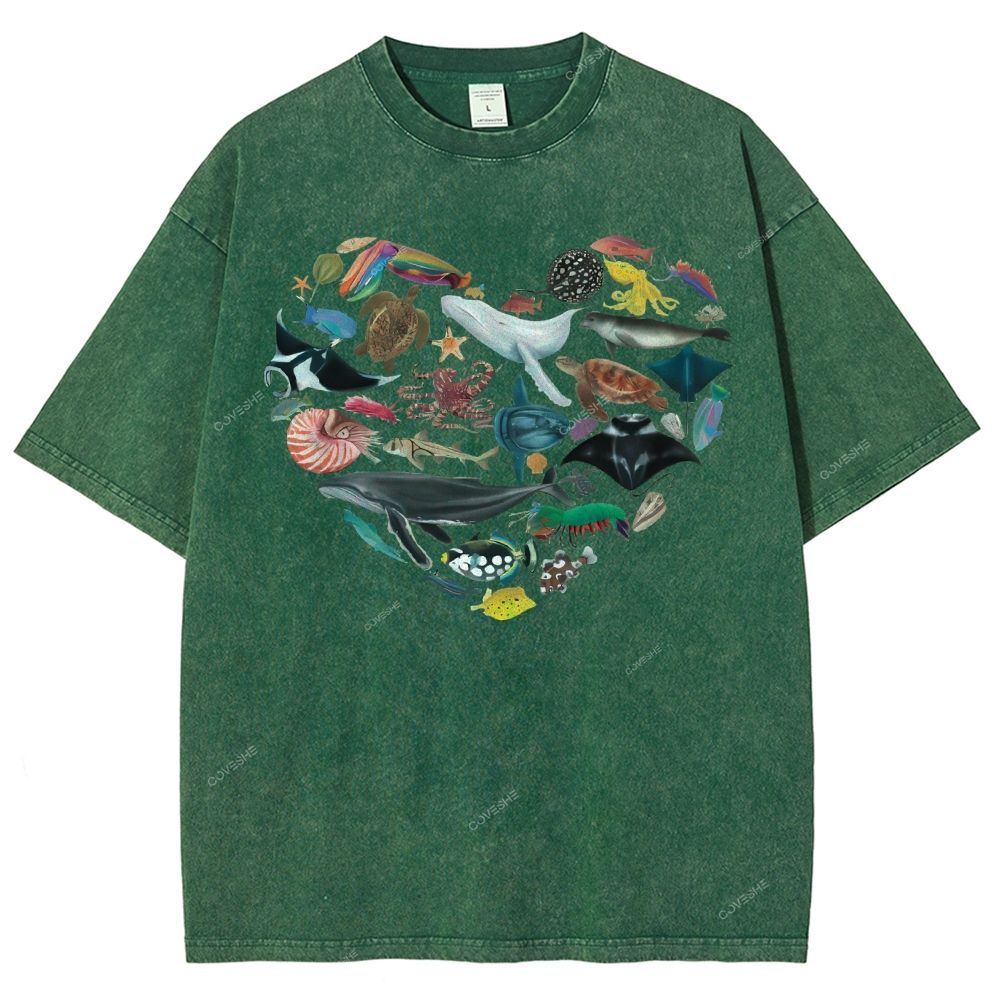 Unisex Marine Life Printed Washed Tee