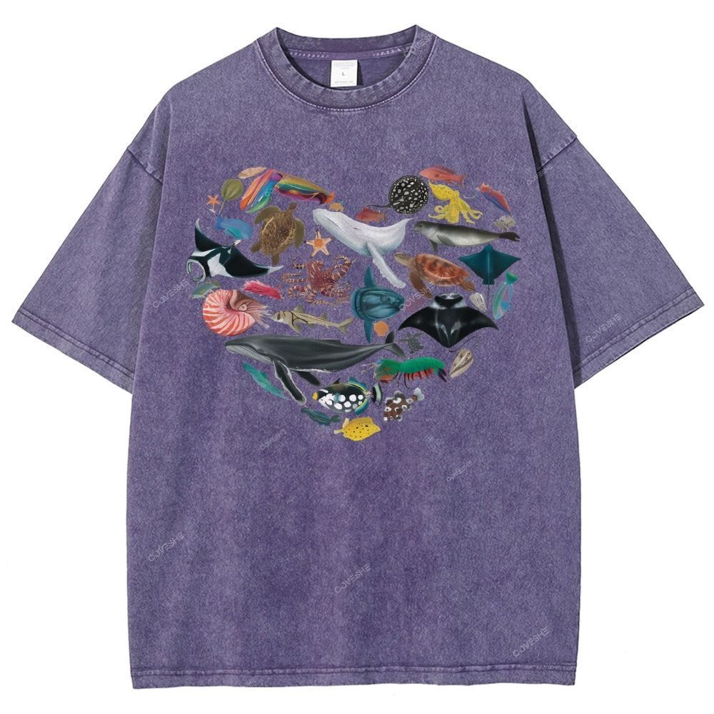 Unisex Marine Life Printed Washed Tee