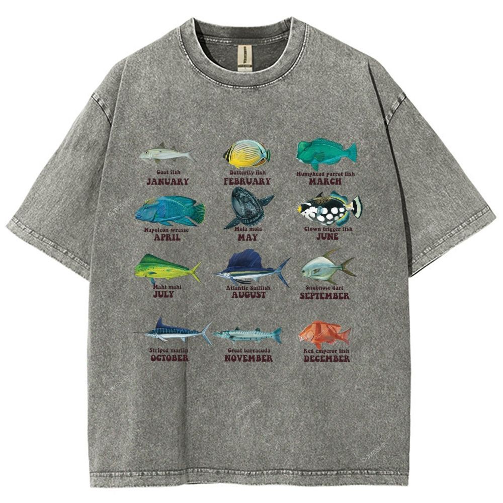 Unisex Ocean Fish Printed Washed Tee