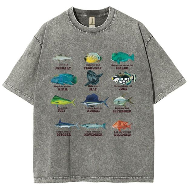 Unisex Ocean Fish Printed Washed Tee