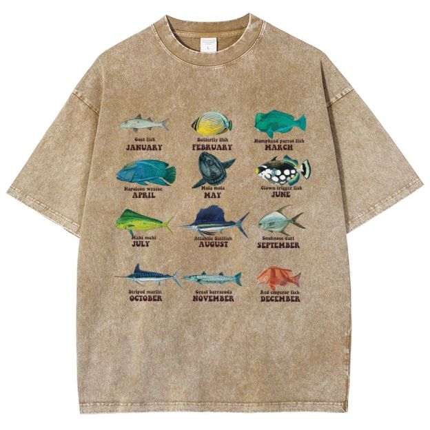 Unisex Ocean Fish Printed Washed Tee