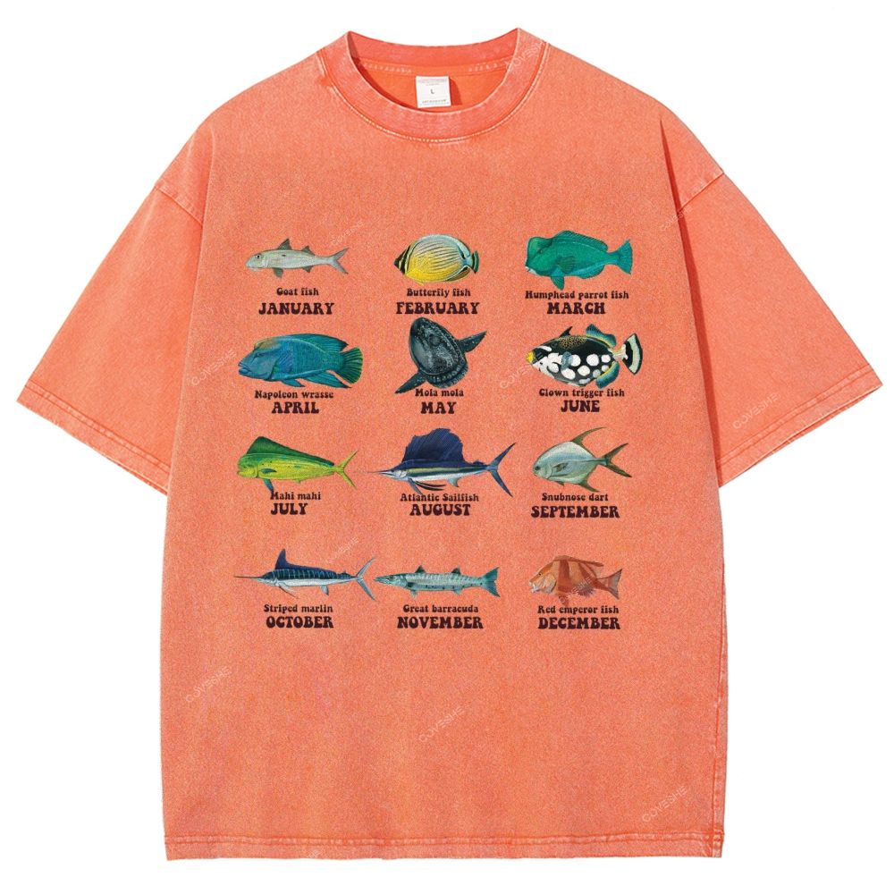 Unisex Ocean Fish Printed Washed Tee
