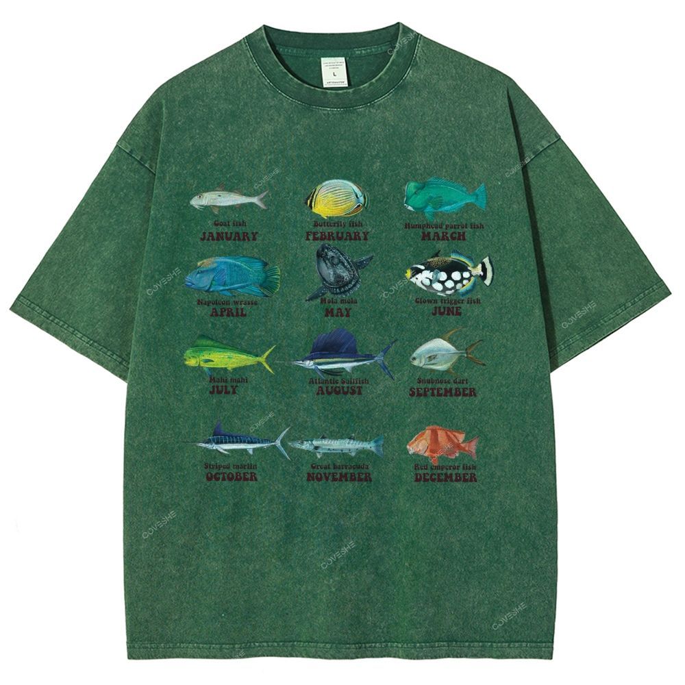 Unisex Ocean Fish Printed Washed Tee