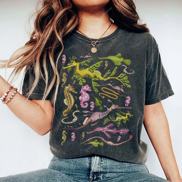 Unisex Seahorse Sea Dragon Printed Washed Tee