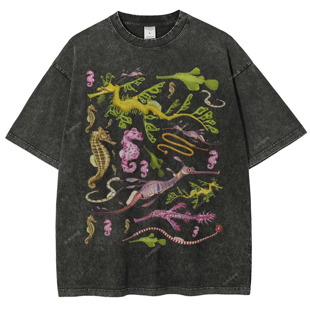 Unisex Seahorse Sea Dragon Printed Washed Tee