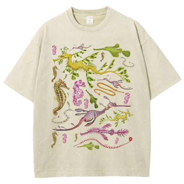Unisex Seahorse Sea Dragon Printed Washed Tee