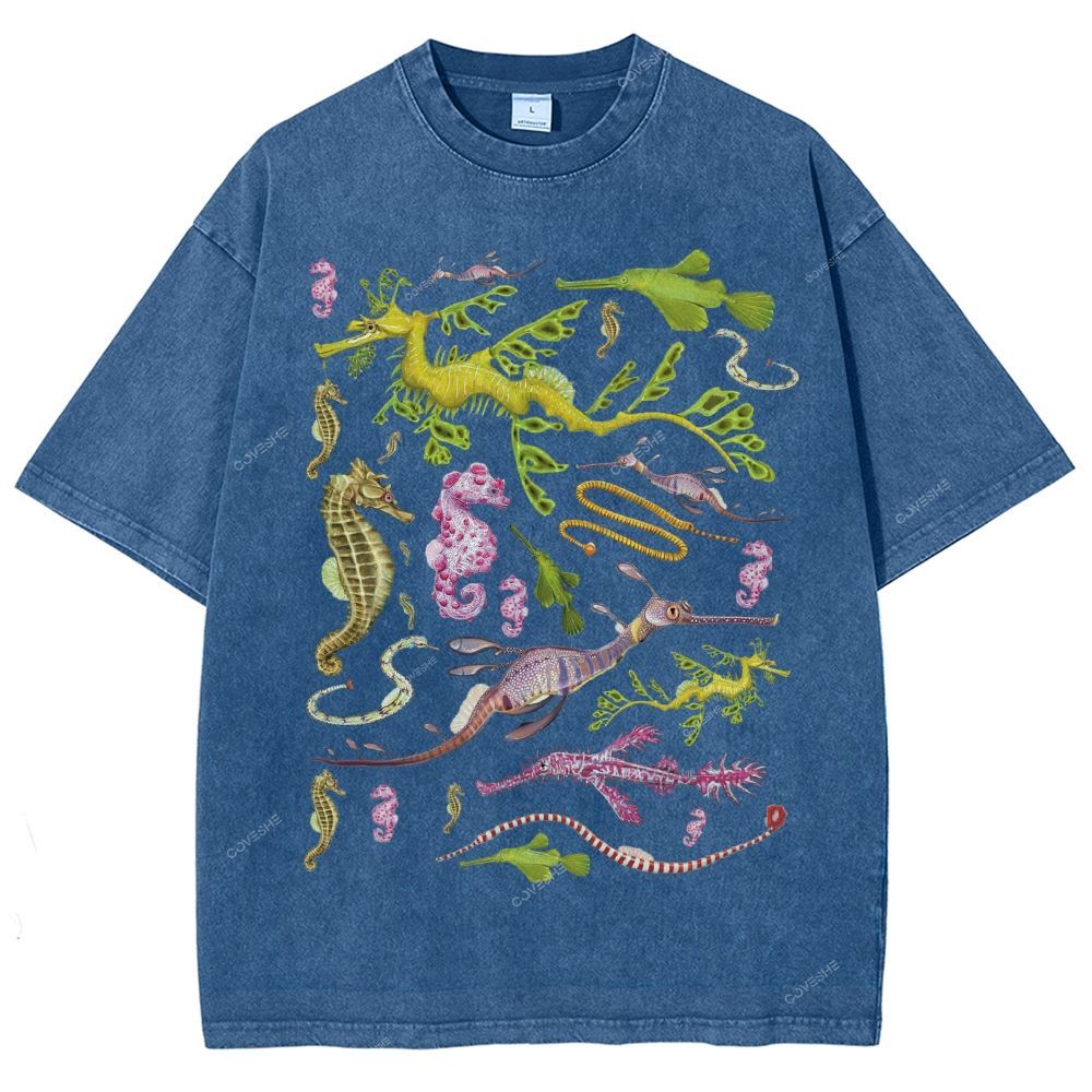 Unisex Seahorse Sea Dragon Printed Washed Tee