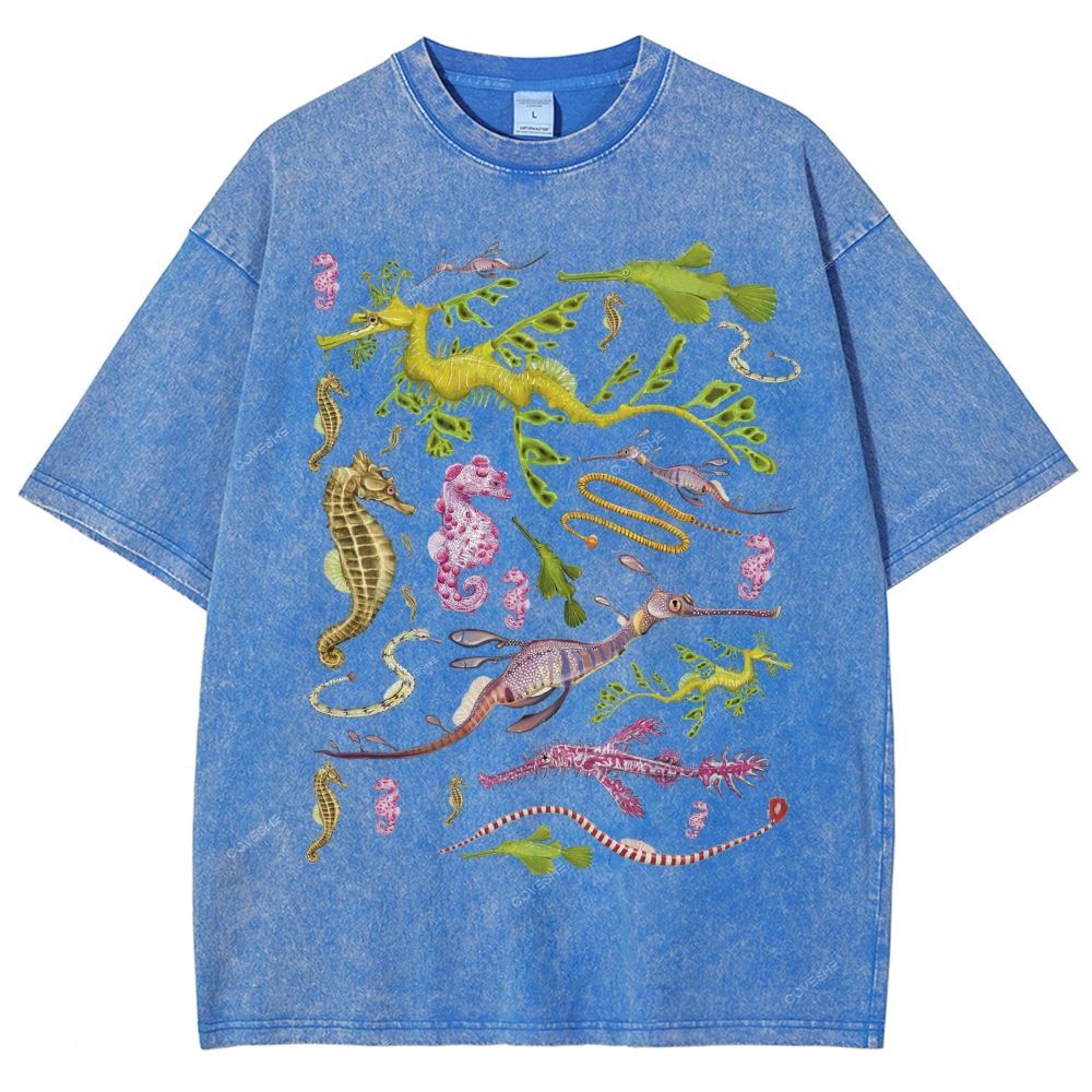 Unisex Seahorse Sea Dragon Printed Washed Tee