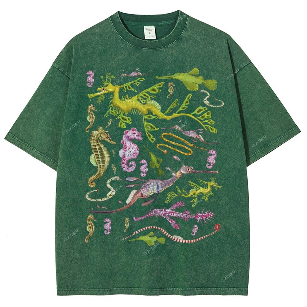 Unisex Seahorse Sea Dragon Printed Washed Tee
