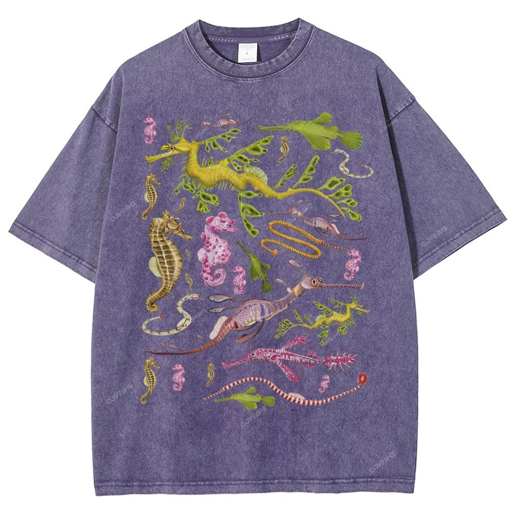 Unisex Seahorse Sea Dragon Printed Washed Tee