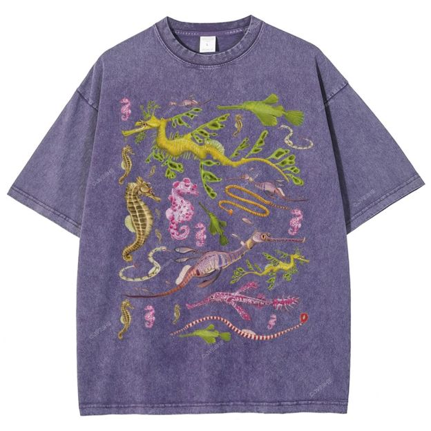 Unisex Seahorse Sea Dragon Printed Washed Tee