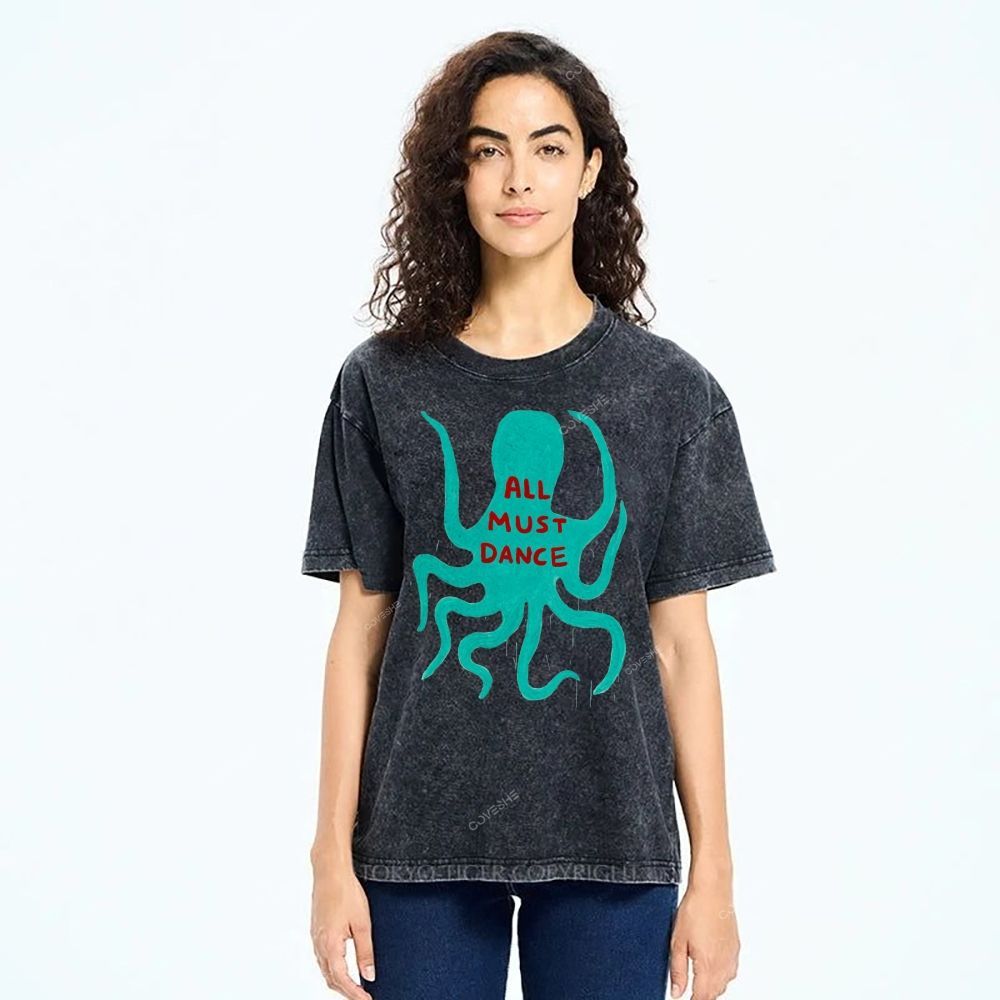 Unisex Dance Octopus Printed Washed Tee