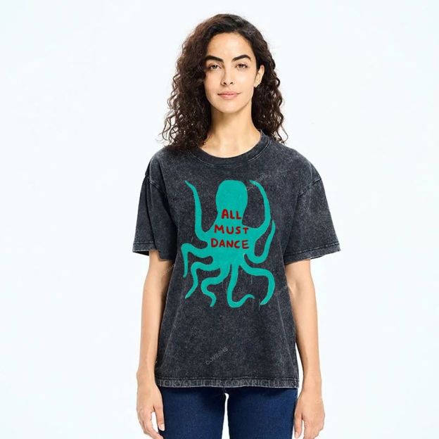 Unisex Dance Octopus Printed Washed Tee
