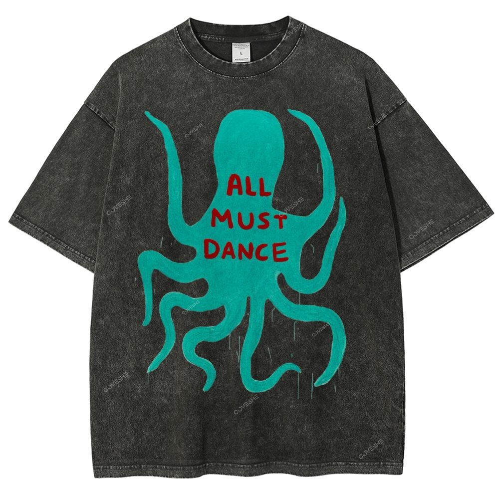 Unisex Dance Octopus Printed Washed Tee