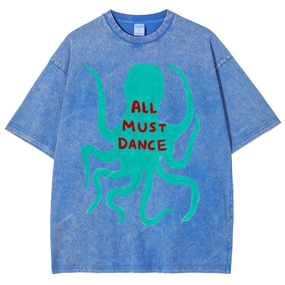 Unisex Dance Octopus Printed Washed Tee