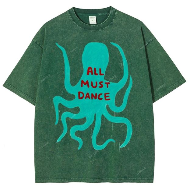 Unisex Dance Octopus Printed Washed Tee