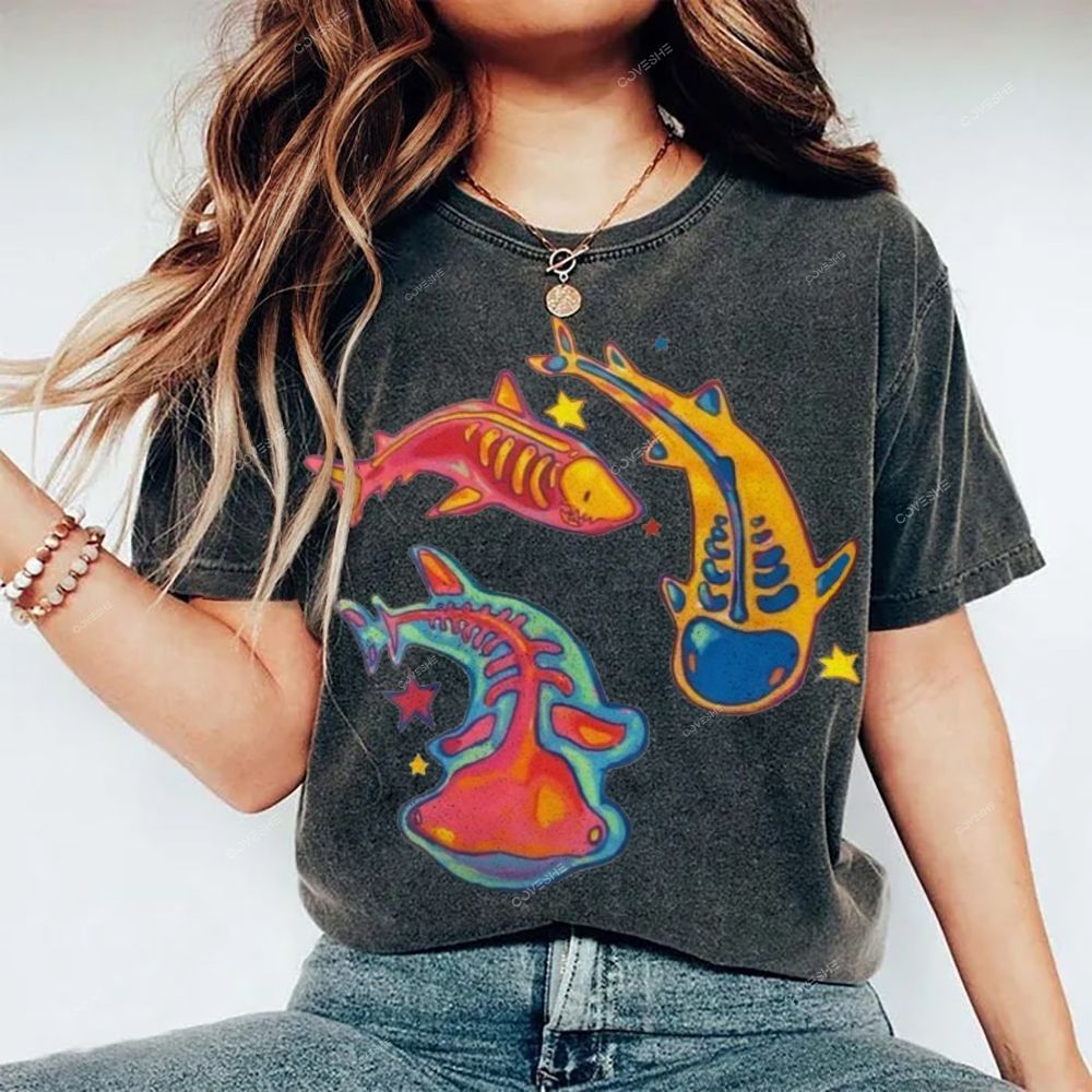 Unisex Colorful Cartoon Fish Printed Washed Tee