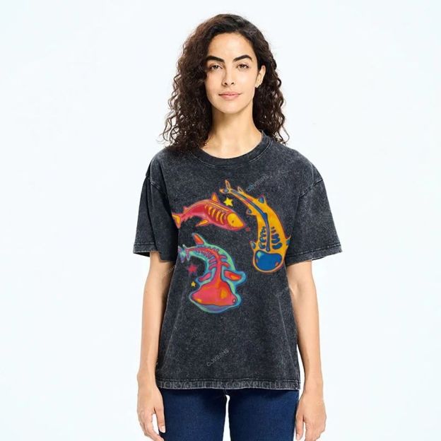 Unisex Colorful Cartoon Fish Printed Washed Tee
