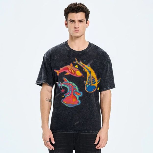 Unisex Colorful Cartoon Fish Printed Washed Tee