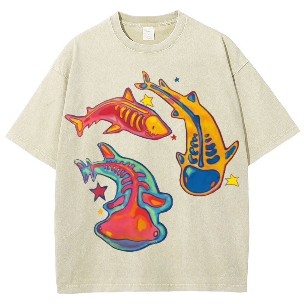 Unisex Colorful Cartoon Fish Printed Washed Tee