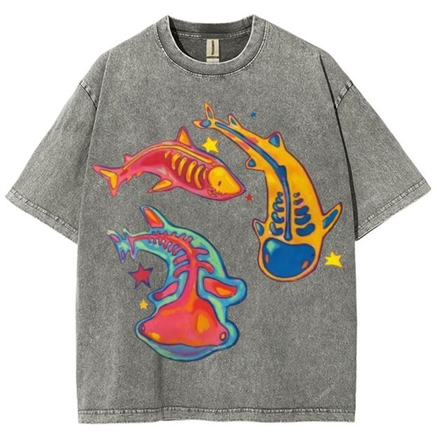 Unisex Colorful Cartoon Fish Printed Washed Tee