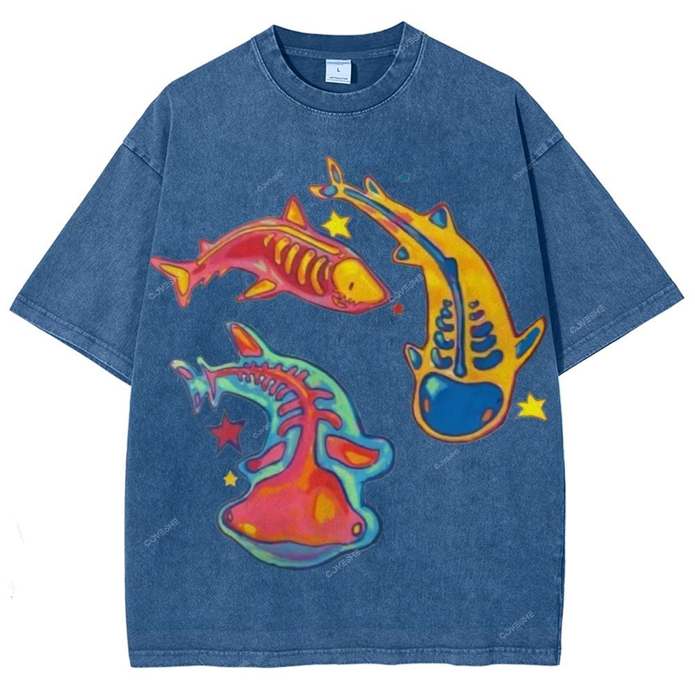 Unisex Colorful Cartoon Fish Printed Washed Tee