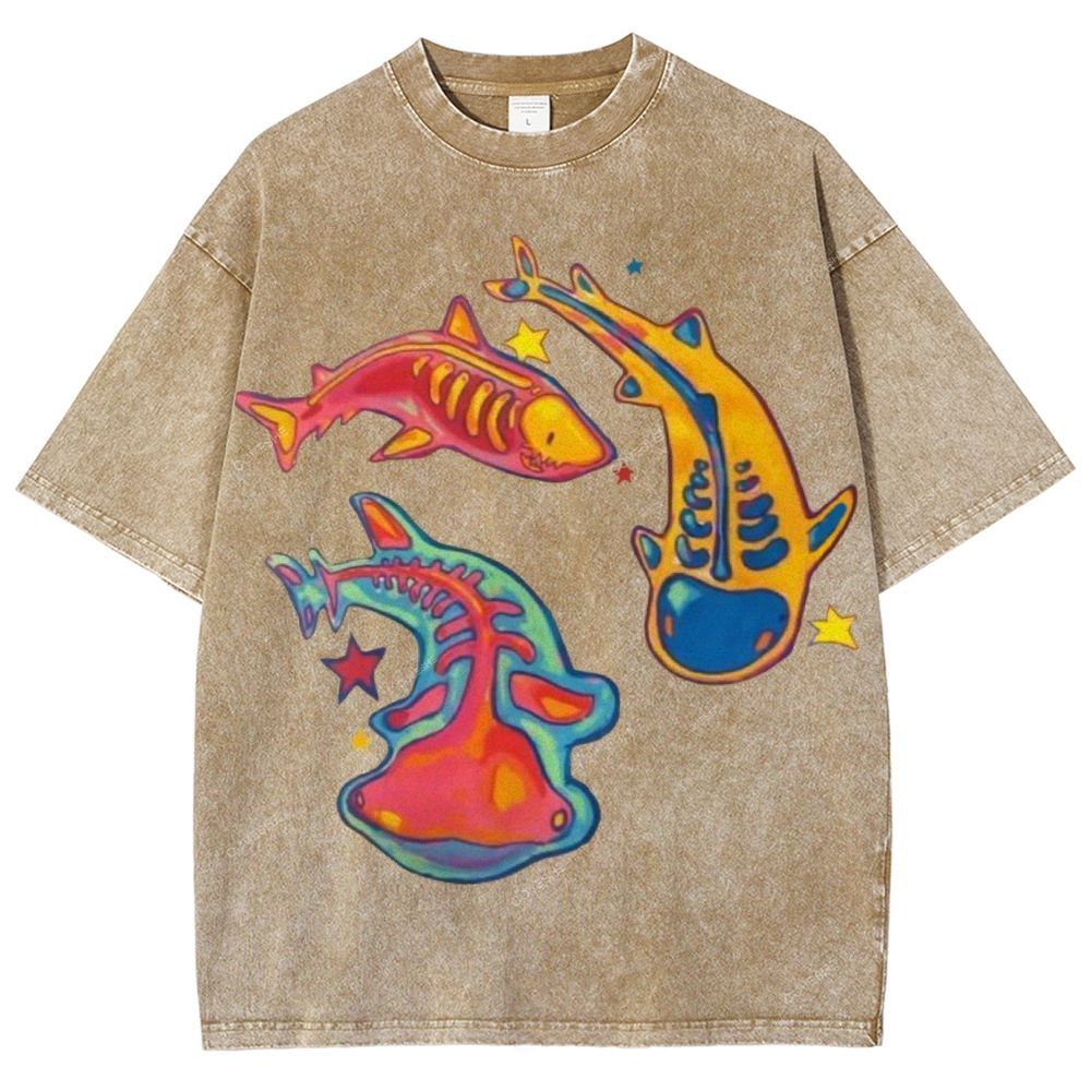 Unisex Colorful Cartoon Fish Printed Washed Tee