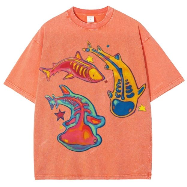 Unisex Colorful Cartoon Fish Printed Washed Tee