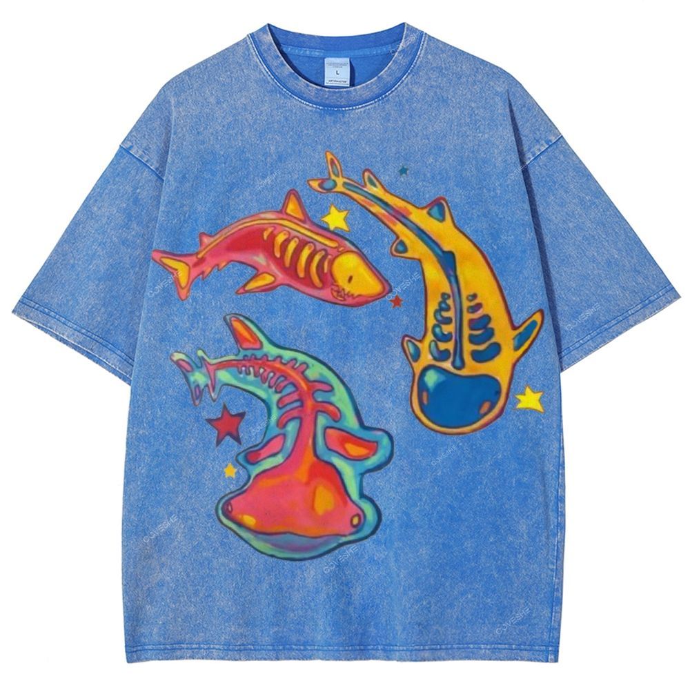 Unisex Colorful Cartoon Fish Printed Washed Tee